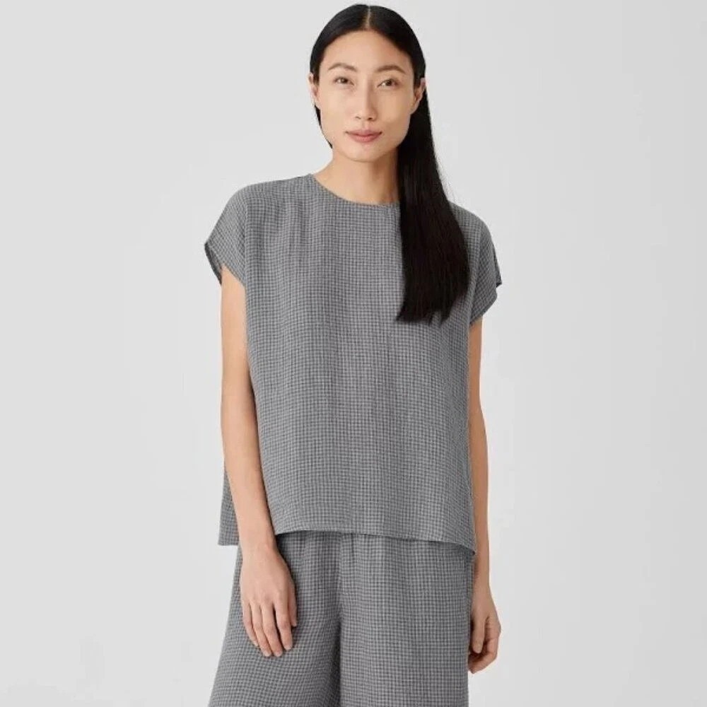 SOLD Eileen Fisher Organic Linen Shirt Top S Plaid Gingham Square Boxy Slee